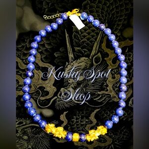 Lucky 🧧Chinese Pixiu Bixue LAPIZ 🔵 Beads in Goldtone 18” necklace 325.00 ctw ✨